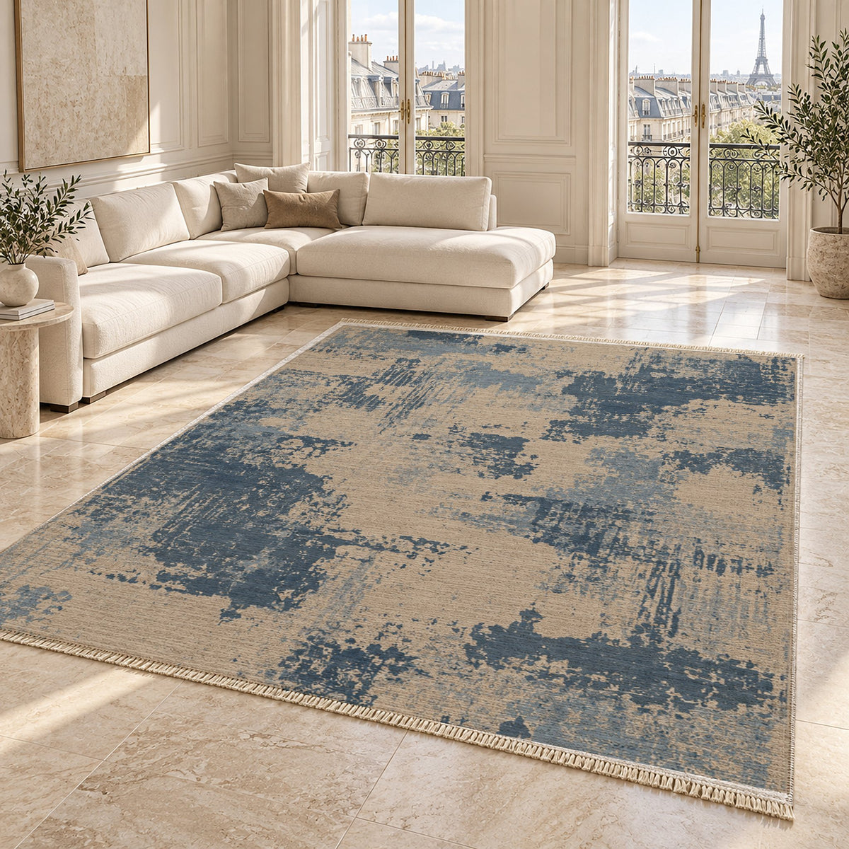 Patina Field Oat & Dusty Blue washable rug angled room view on marble