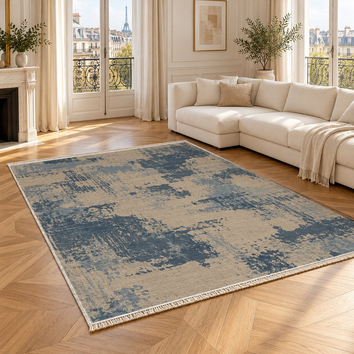 Patina Field Oat & Dusty Blue washable rug angled room view