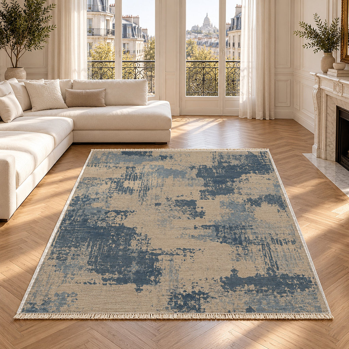 Patina Field Oat & Dusty Blue washable rug in a Paris living room