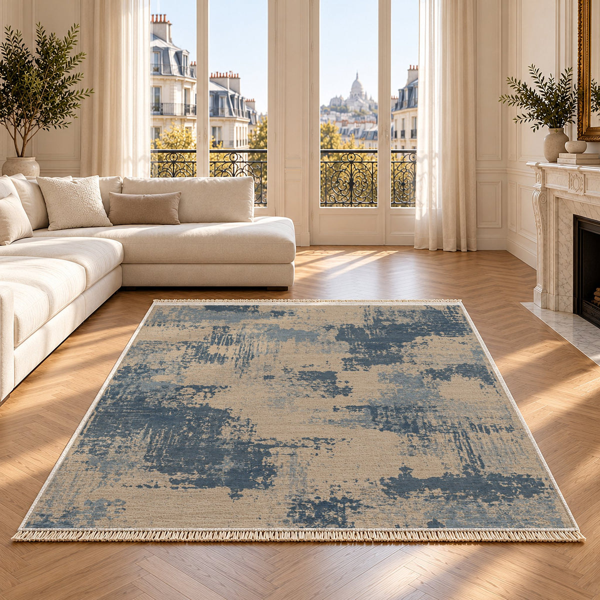 Patina Field Oat & Dusty Blue washable rug on an oak floor