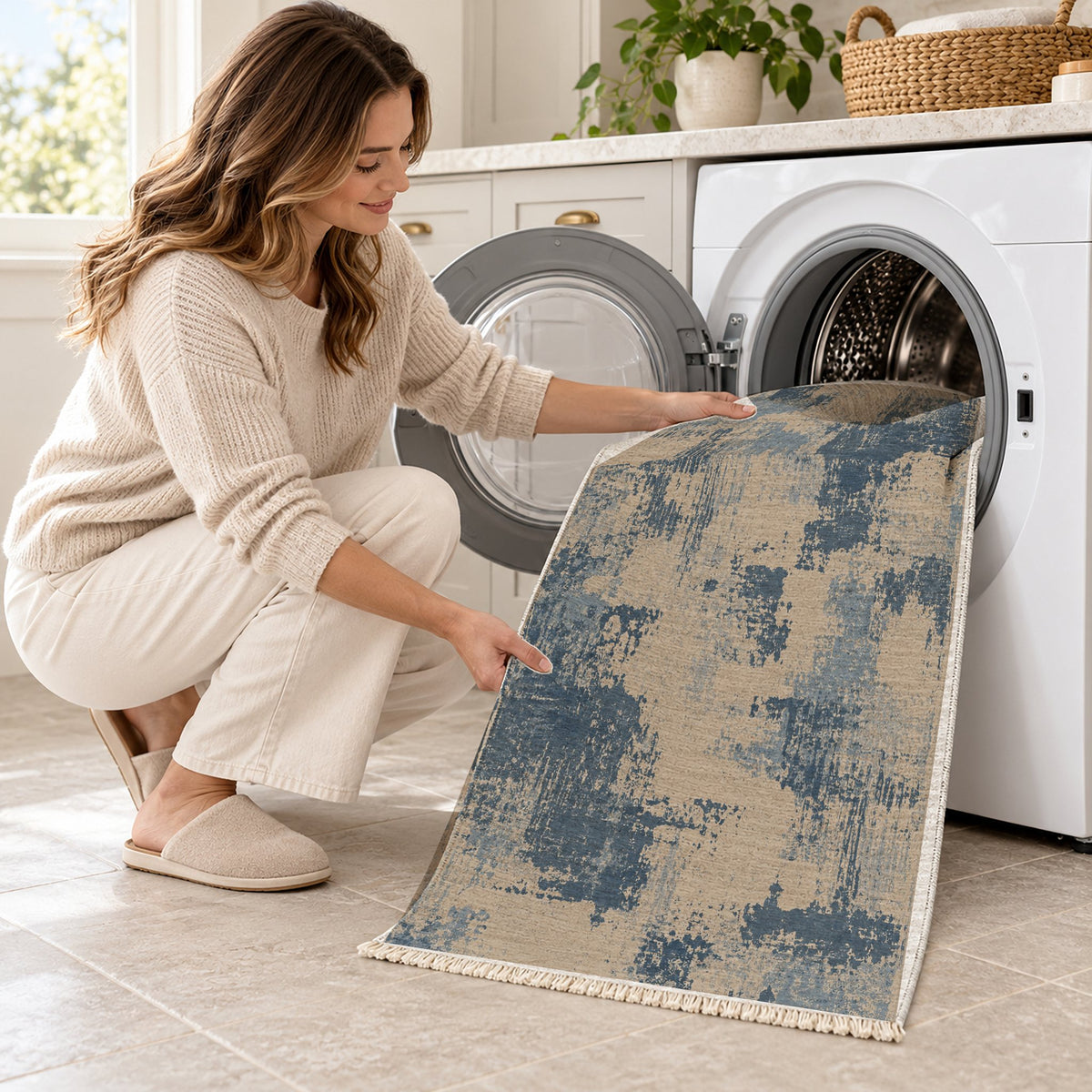 Patina Field Oat & Dusty Blue washable rug being loaded into a washing machine