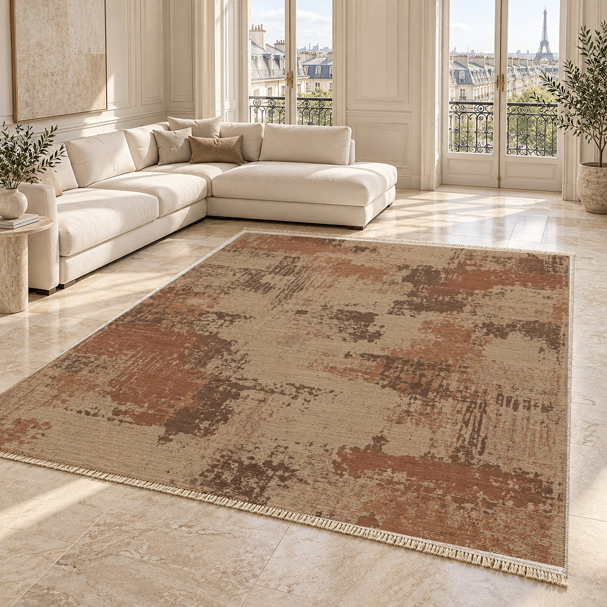Patina Field Sand & Terracotta washable rug angled room view on marble