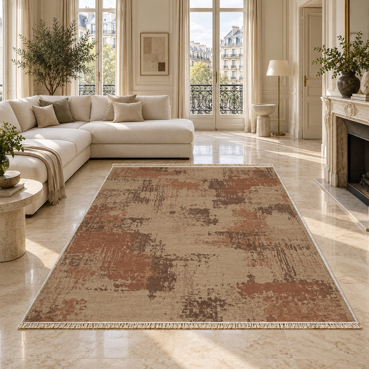 Patina Field Sand & Terracotta washable rug on a marble floor