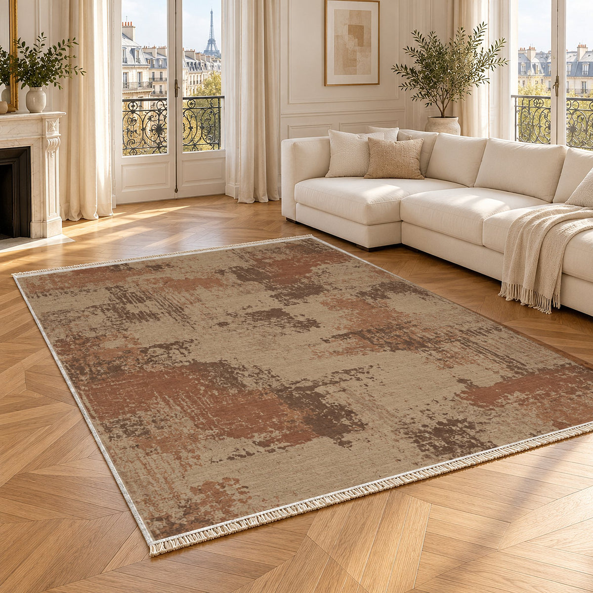 Patina Field Sand & Terracotta washable rug angled room view
