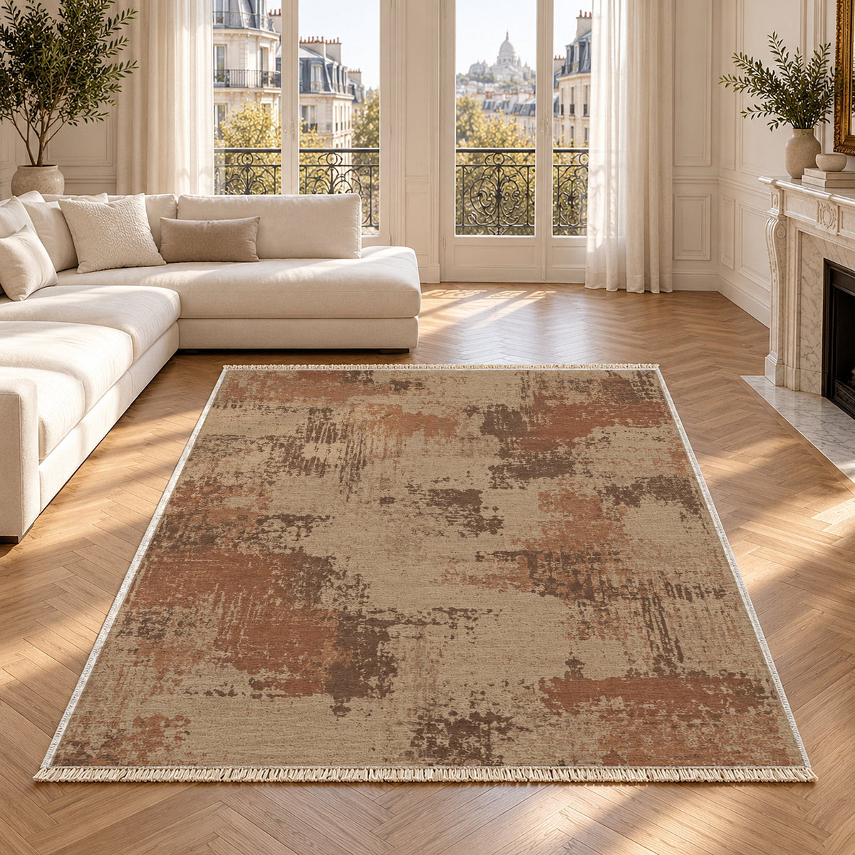 Patina Field Sand & Terracotta washable rug in a Paris living room