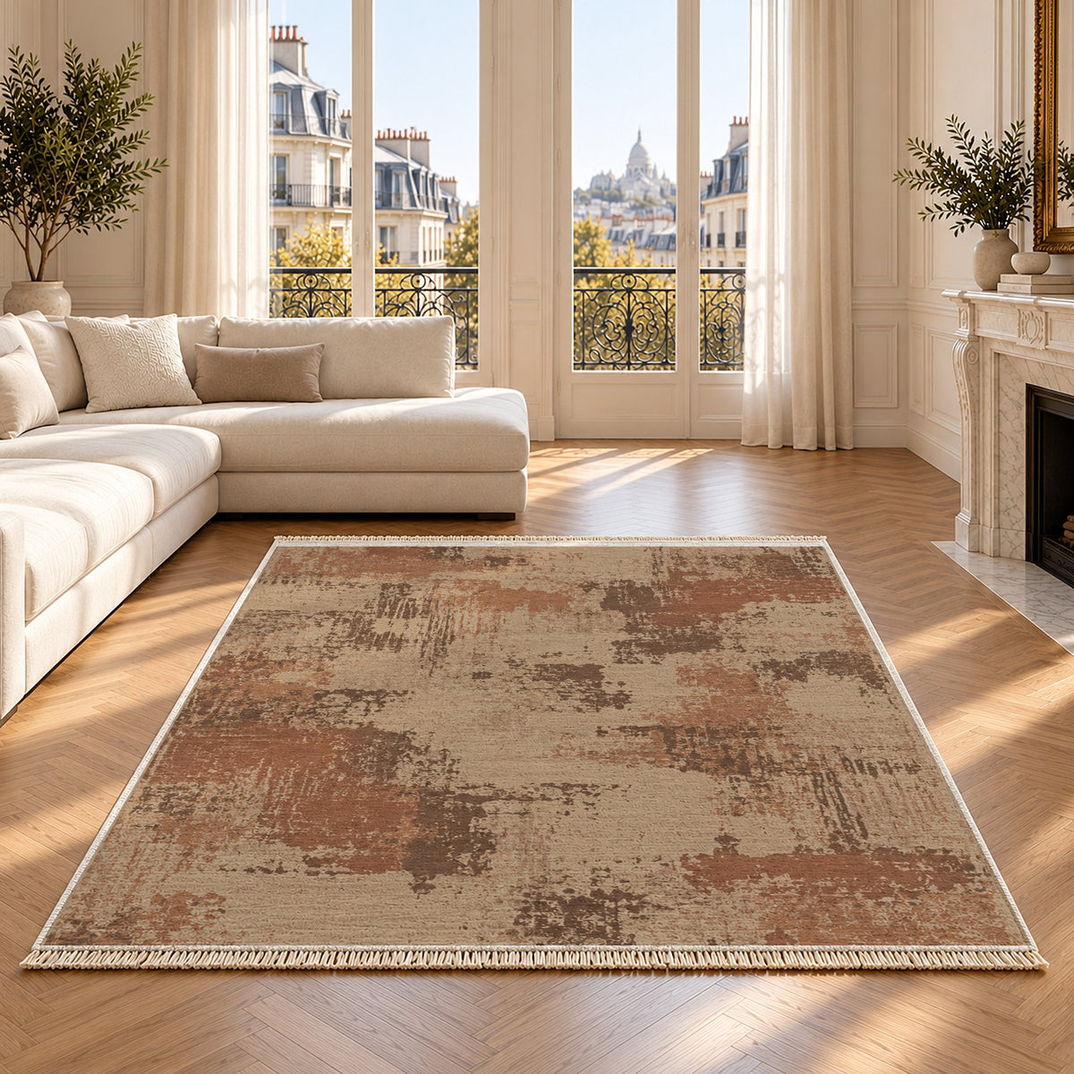 Patina Field Sand & Terracotta washable rug on an oak floor