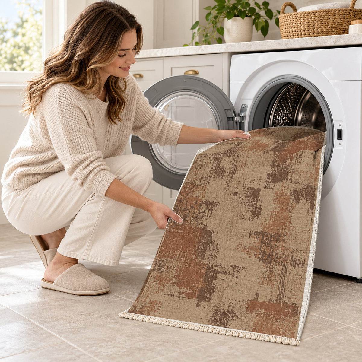 Patina Field Sand & Terracotta washable rug being loaded into a washing machine