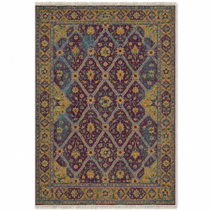 Patio Diamonds Burgundy & Teal Moorish Washable Rug