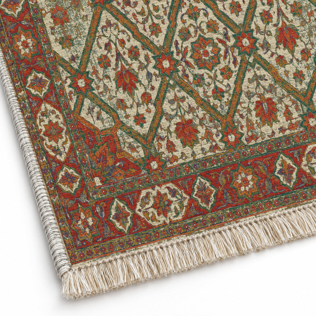 Patio Diamonds Emerald & Terracotta washable rug close-up of the printed chenille