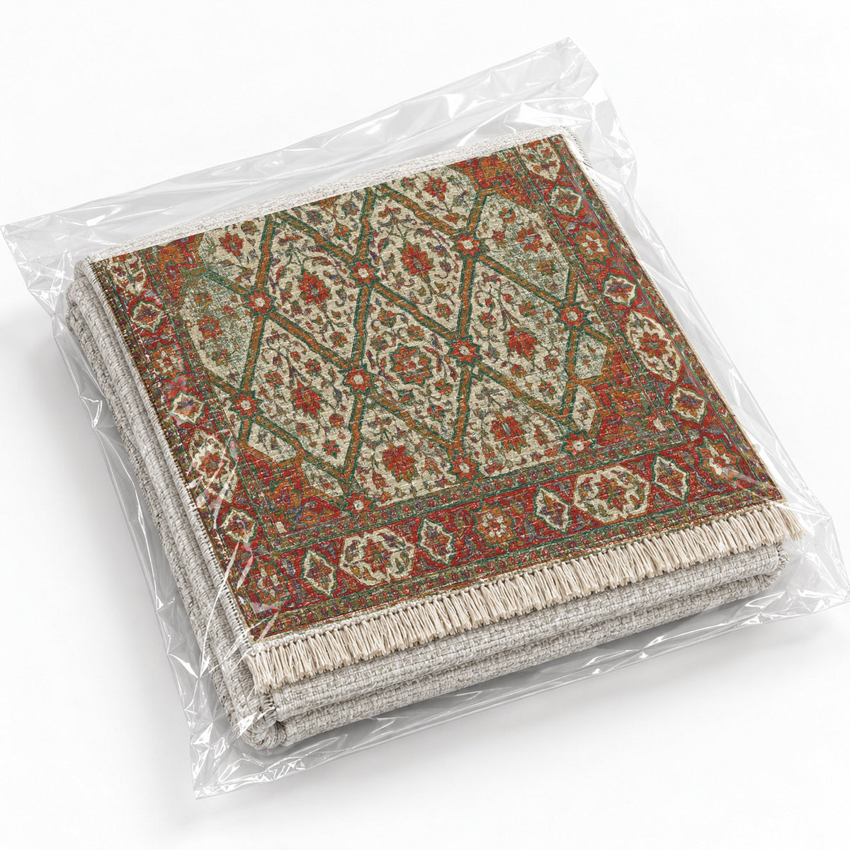 Patio Diamonds Emerald & Terracotta washable rug rolled and packaged