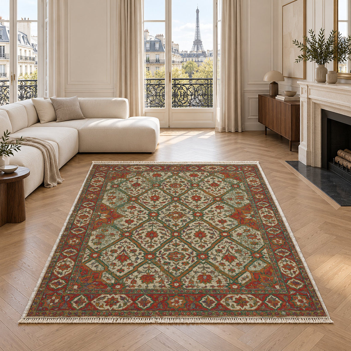 Patio Diamonds Emerald & Terracotta washable rug in a living room with an Eiffel Tower view
