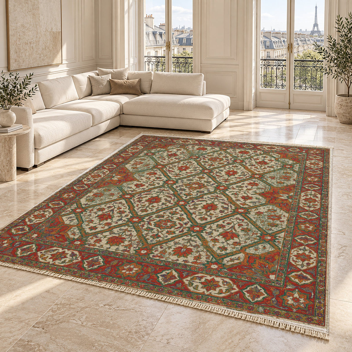 Patio Diamonds Emerald & Terracotta washable rug angled room view on marble