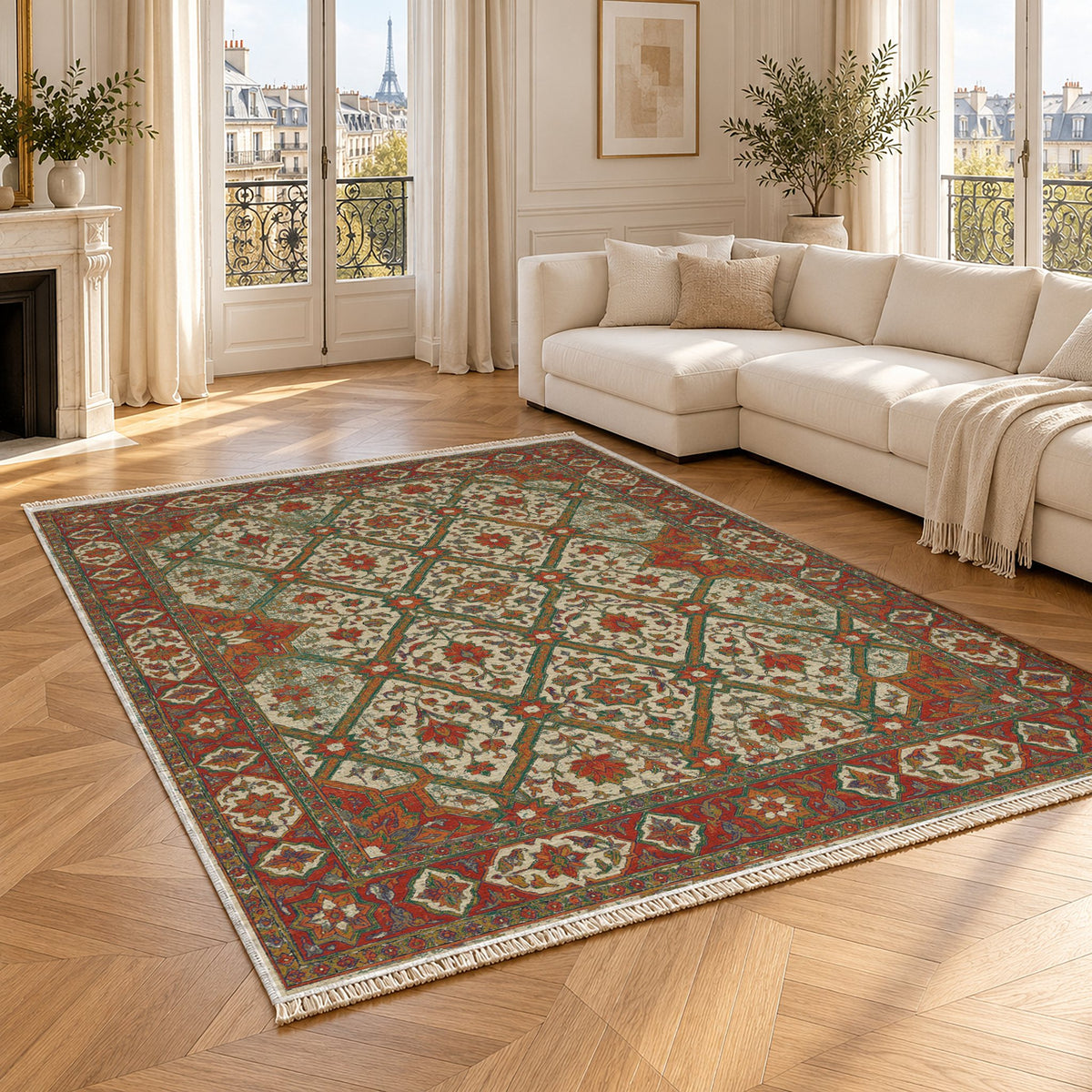Patio Diamonds Emerald & Terracotta washable rug angled room view