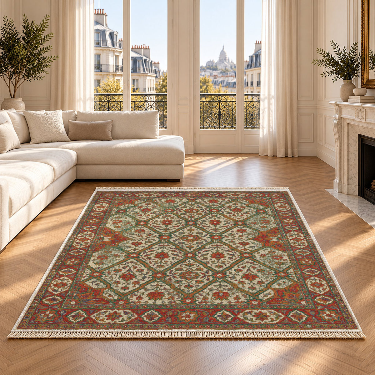 Patio Diamonds Emerald & Terracotta washable rug on an oak floor