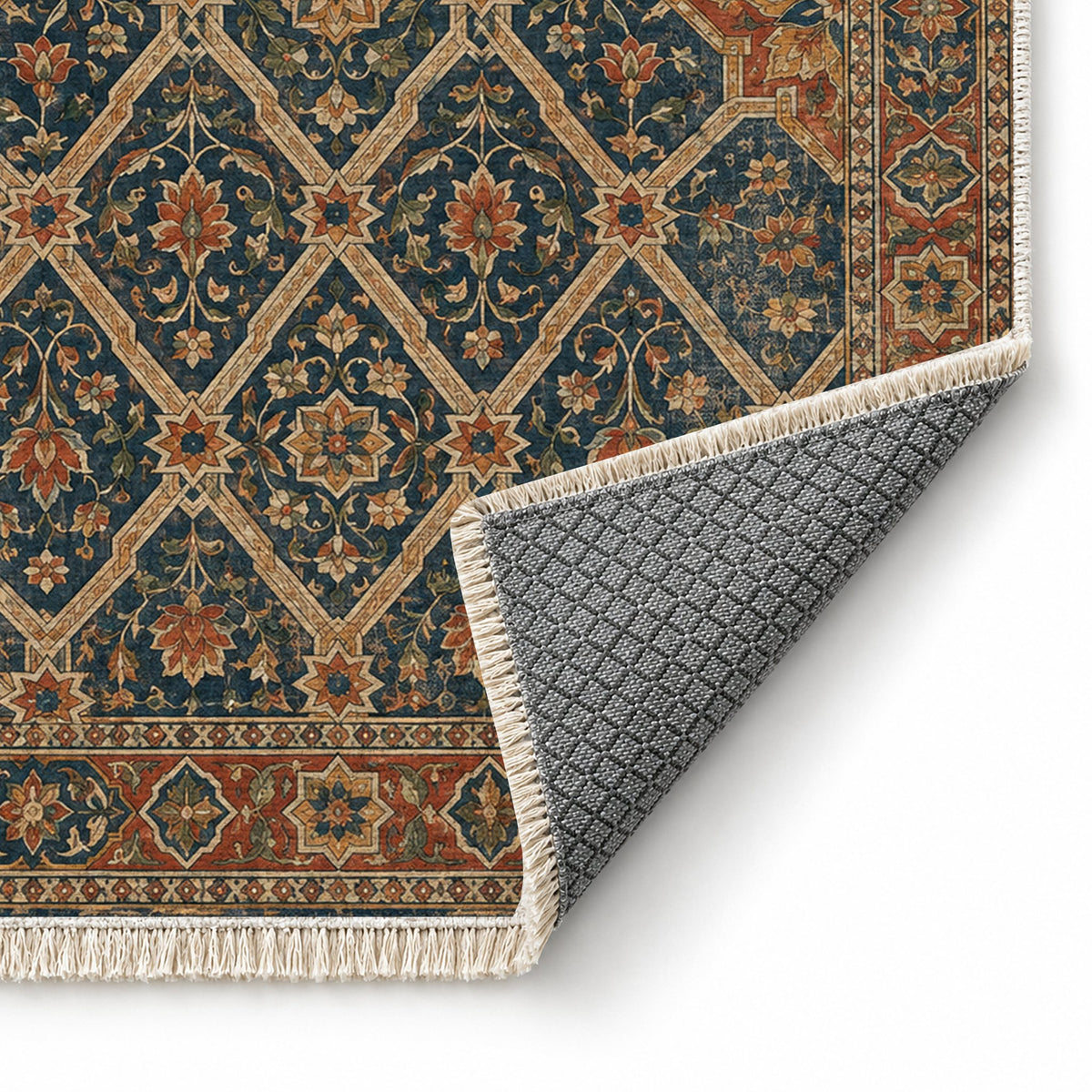Patio Diamonds Indigo & Rust washable rug folded corner showing the backing