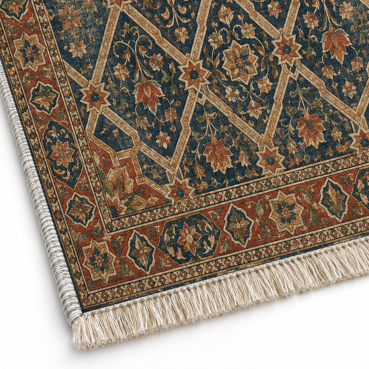 Patio Diamonds Indigo & Rust washable rug close-up of the printed chenille