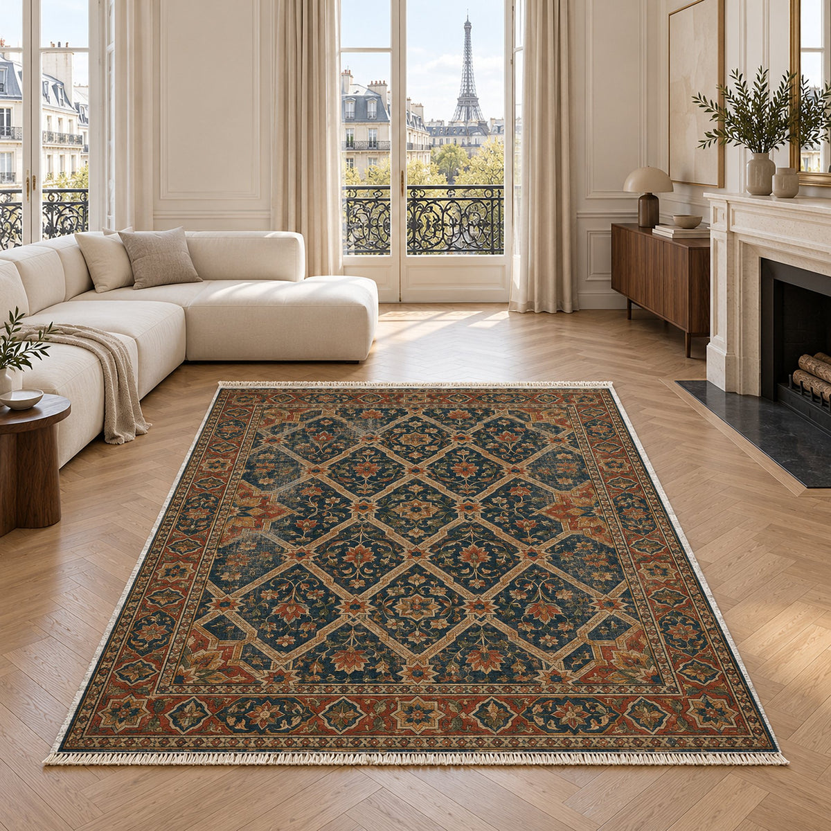 Patio Diamonds Indigo & Rust washable rug in a living room with an Eiffel Tower view