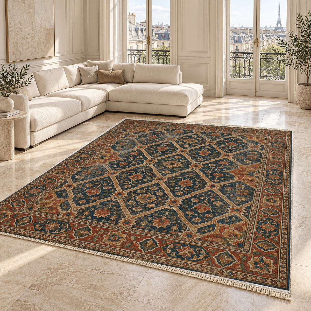 Patio Diamonds Indigo & Rust washable rug angled room view on marble