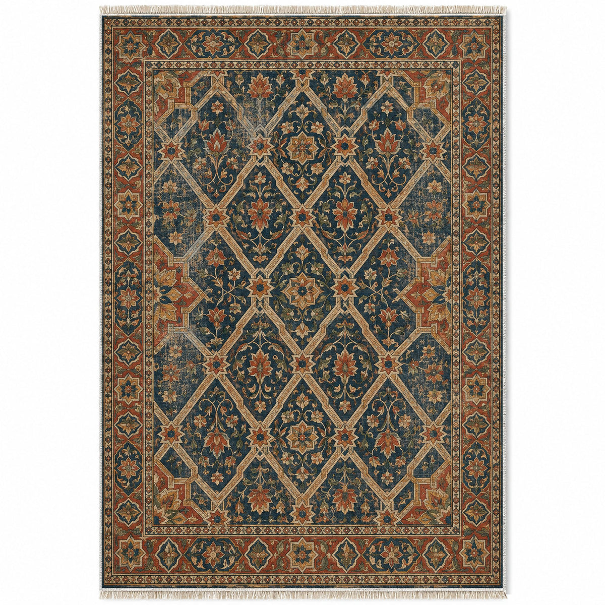 Patio Diamonds Indigo & Rust washable rug top view
