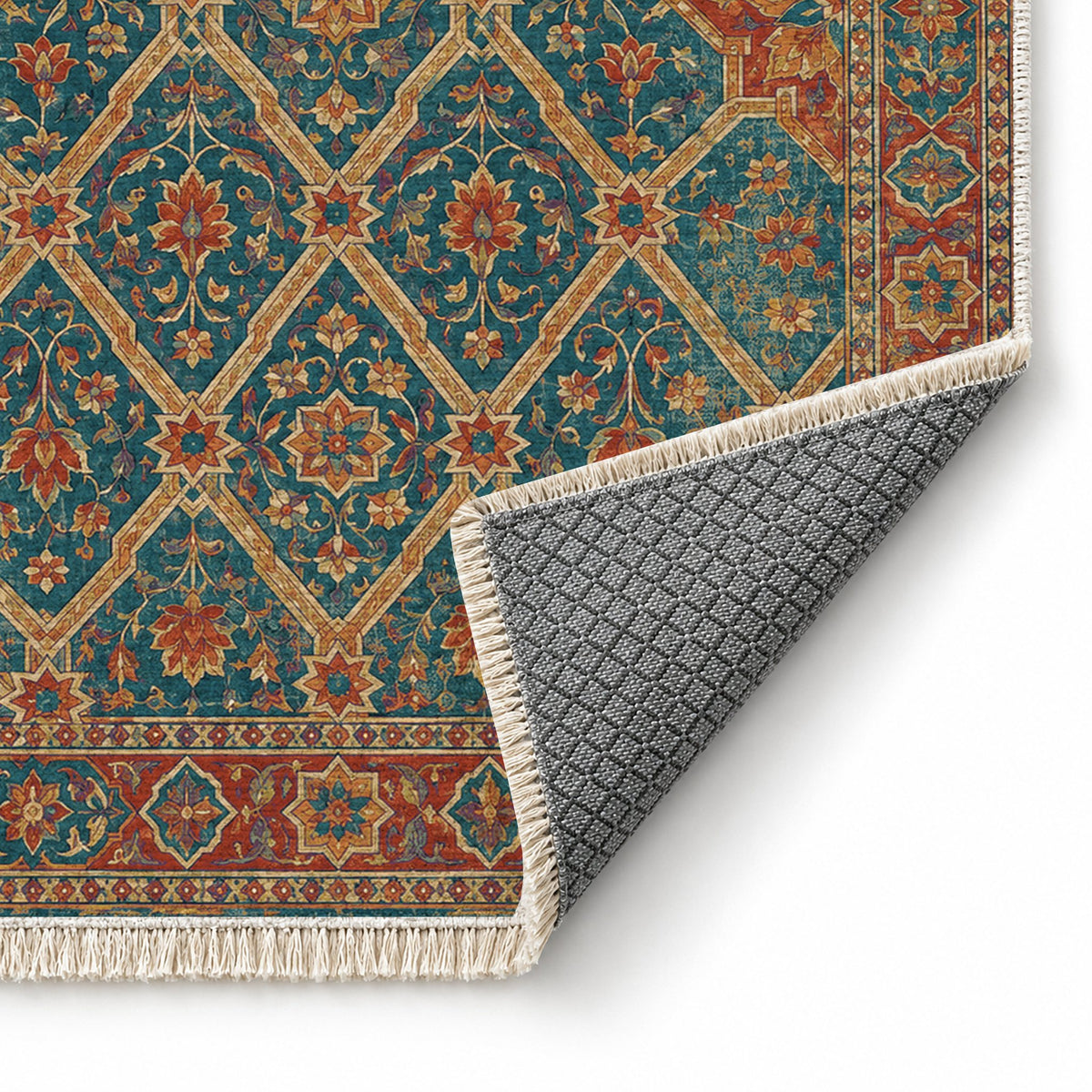 Patio Diamonds Peacock & Ochre washable rug folded corner showing the backing