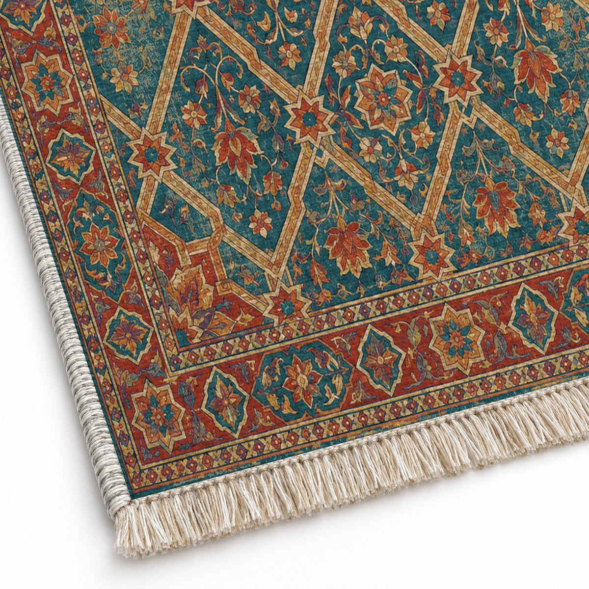 Patio Diamonds Peacock & Ochre washable rug close-up of the printed chenille