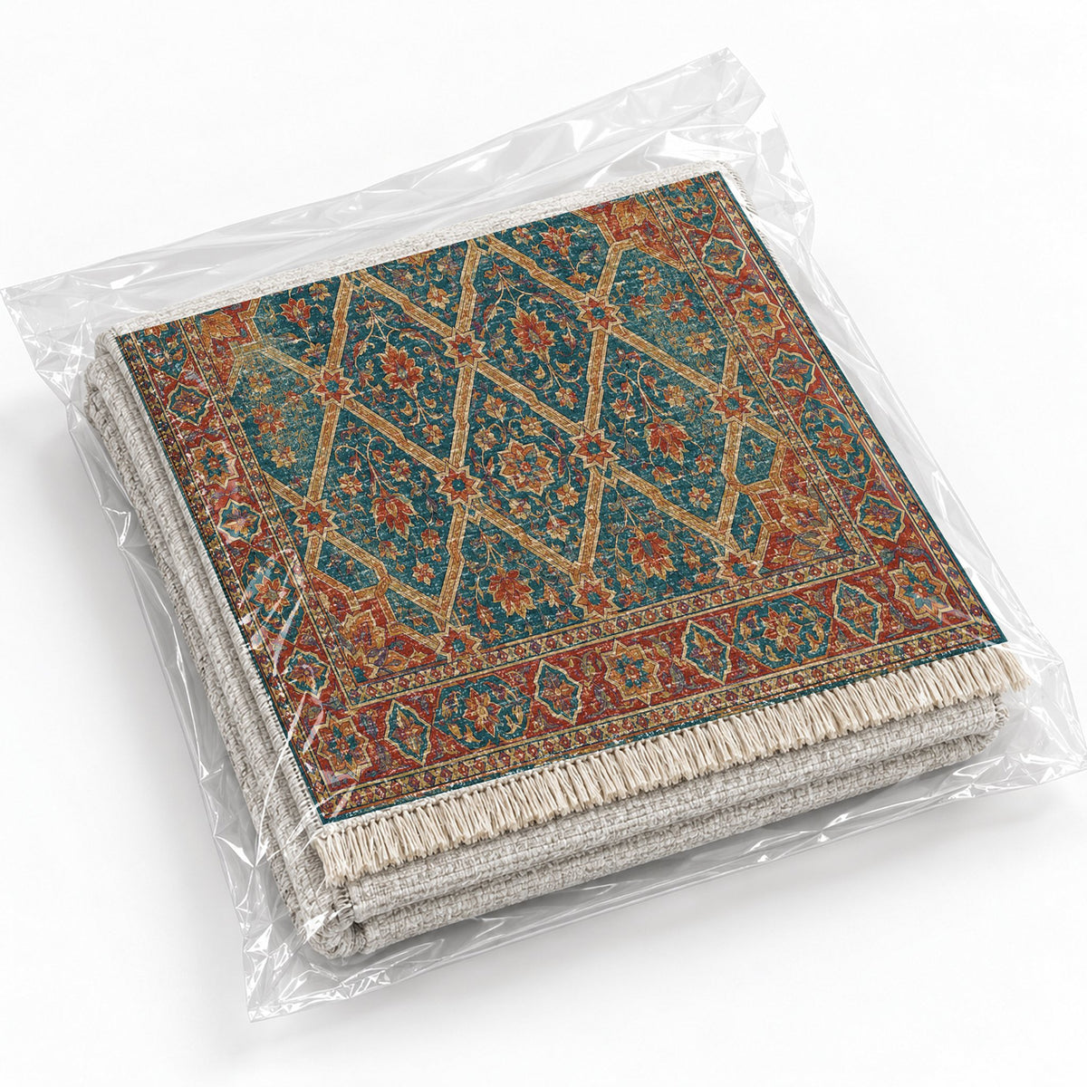 Patio Diamonds Peacock & Ochre washable rug rolled and packaged