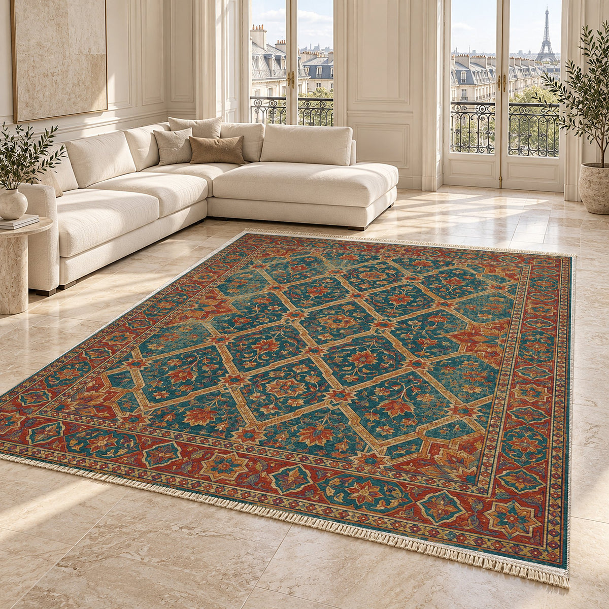 Patio Diamonds Peacock & Ochre washable rug angled room view on marble