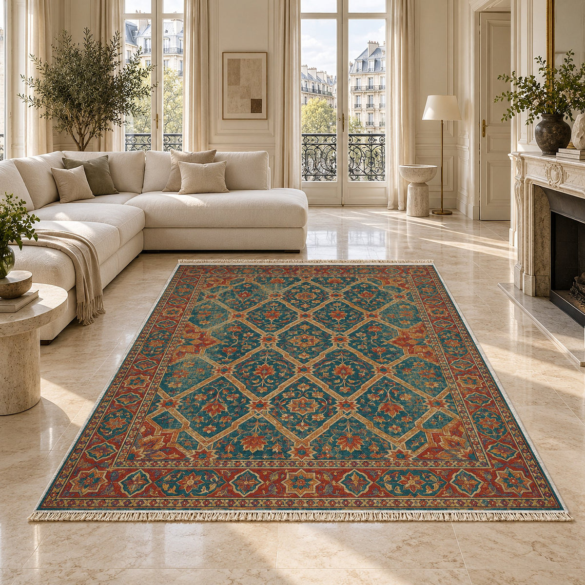 Patio Diamonds Peacock & Ochre washable rug on a marble floor