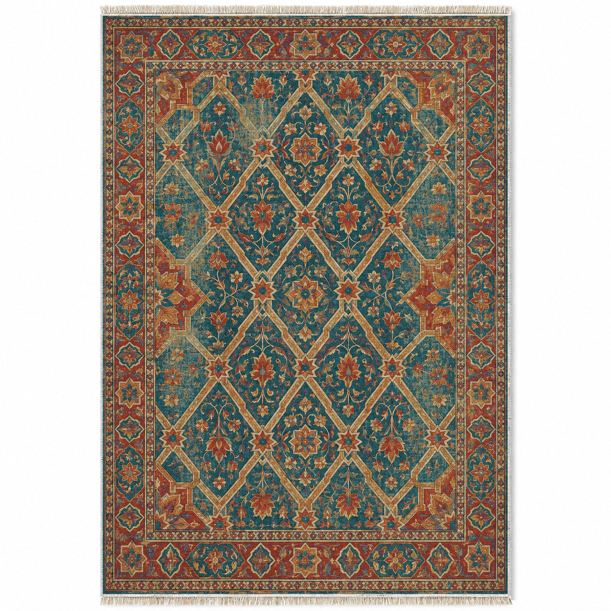 Patio Diamonds Peacock & Ochre washable rug top view
