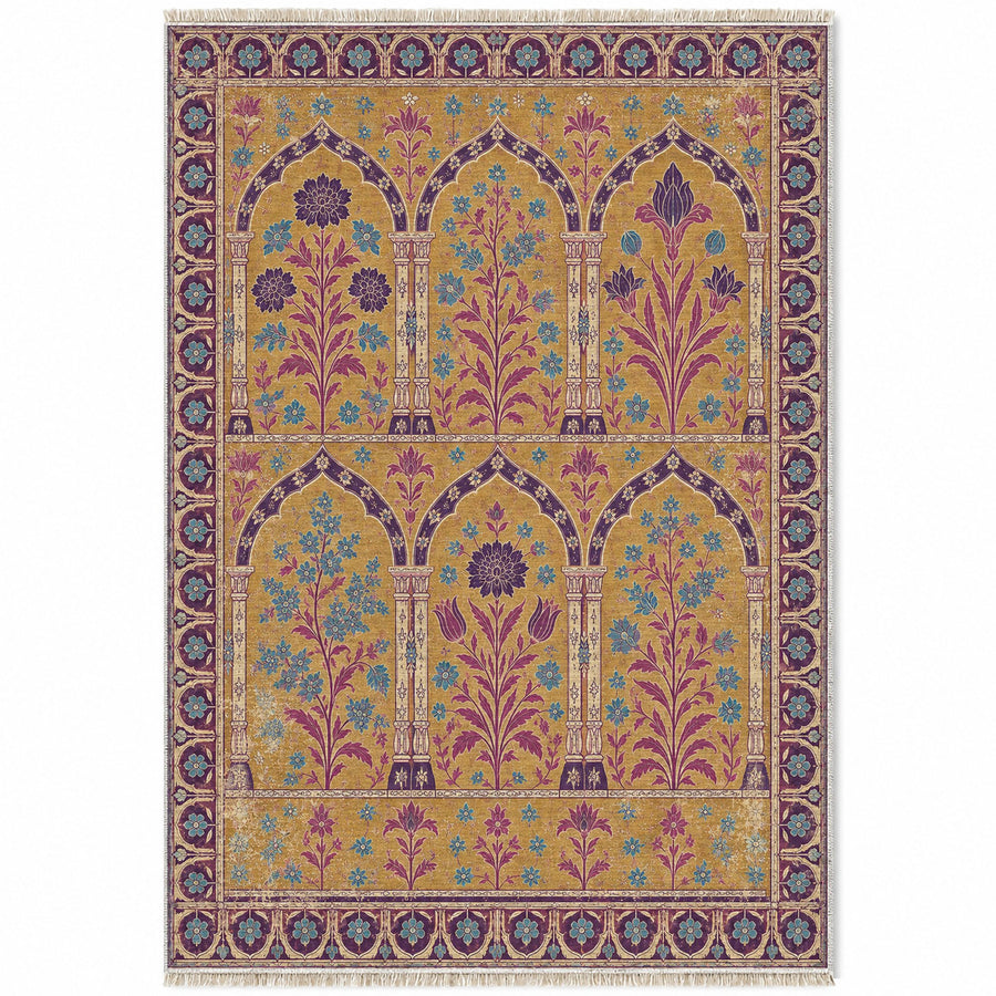 Pavilion Windows Golden, Plum & Azure Distressed Washable Rug