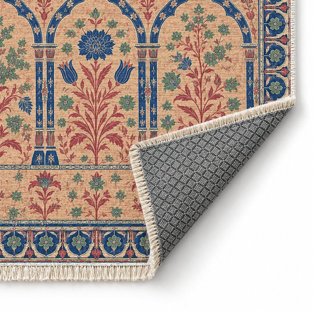Pavilion Windows Peach, Cobalt & Jade washable rug folded corner showing the backing