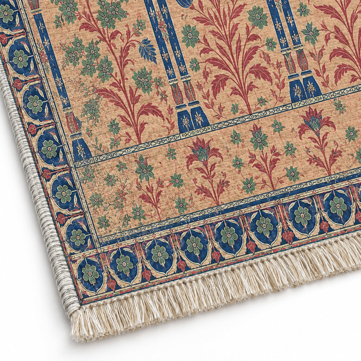 Pavilion Windows Peach, Cobalt & Jade washable rug close-up of the printed chenille