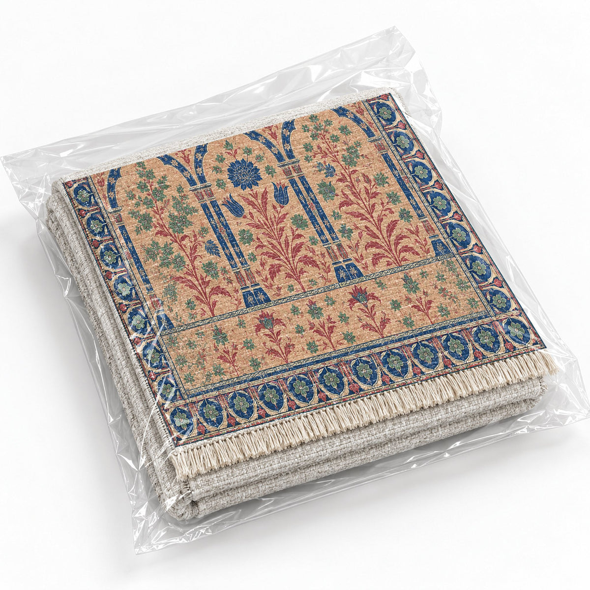 Pavilion Windows Peach, Cobalt & Jade washable rug rolled and packaged