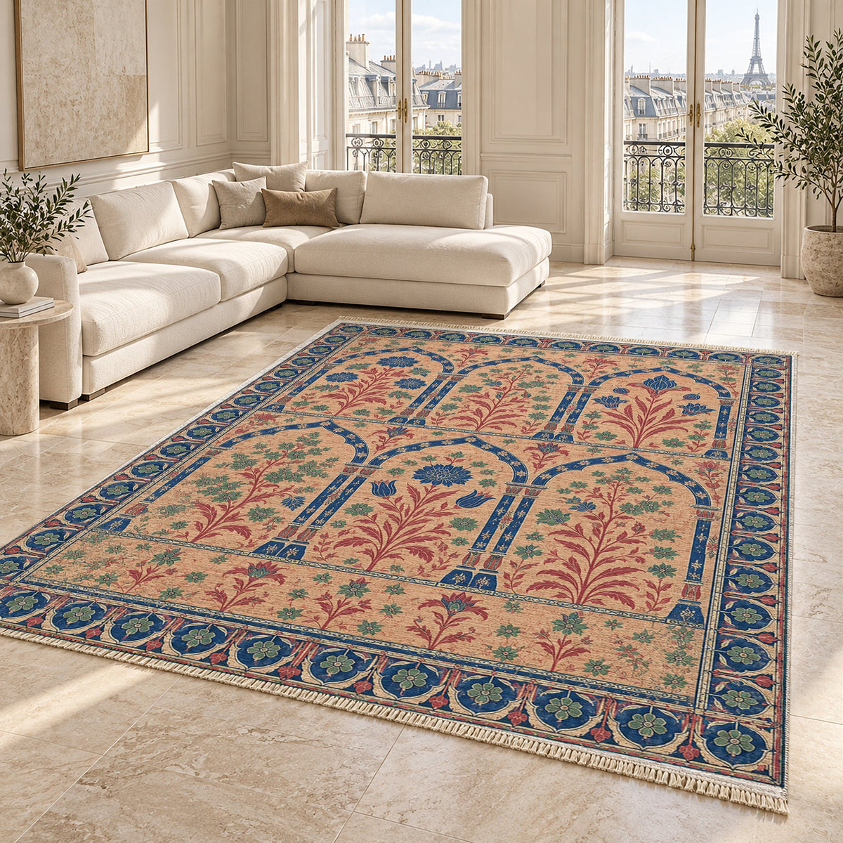 Pavilion Windows Peach, Cobalt & Jade washable rug angled room view on marble