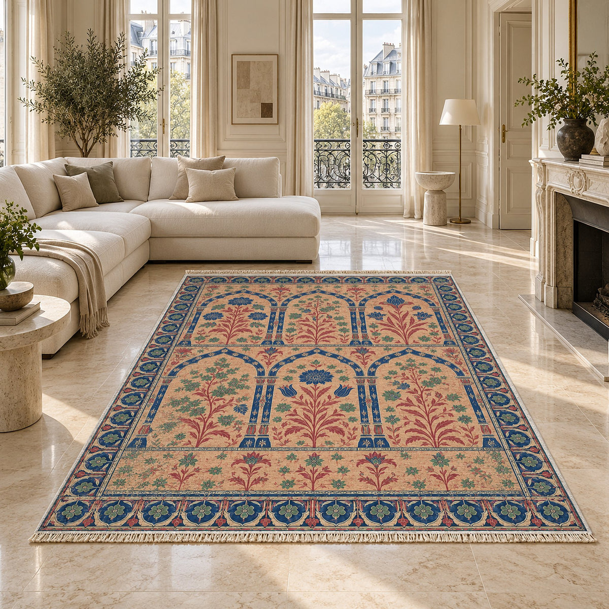 Pavilion Windows Peach, Cobalt & Jade washable rug on a marble floor