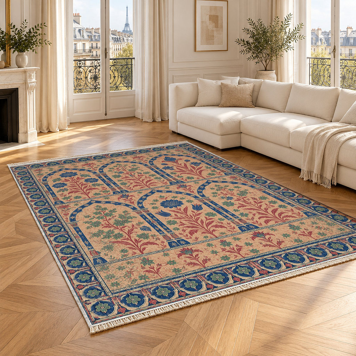 Pavilion Windows Peach, Cobalt & Jade washable rug angled room view