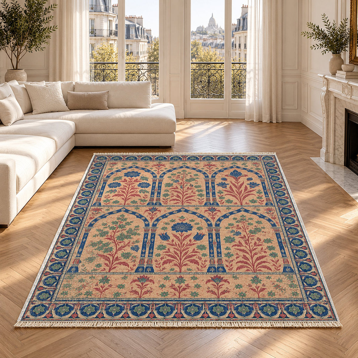 Pavilion Windows Peach, Cobalt & Jade washable rug in a Paris living room