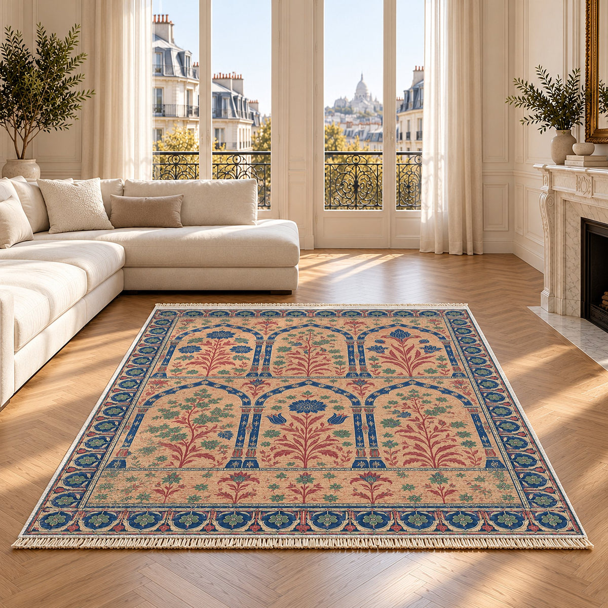 Pavilion Windows Peach, Cobalt & Jade washable rug on an oak floor