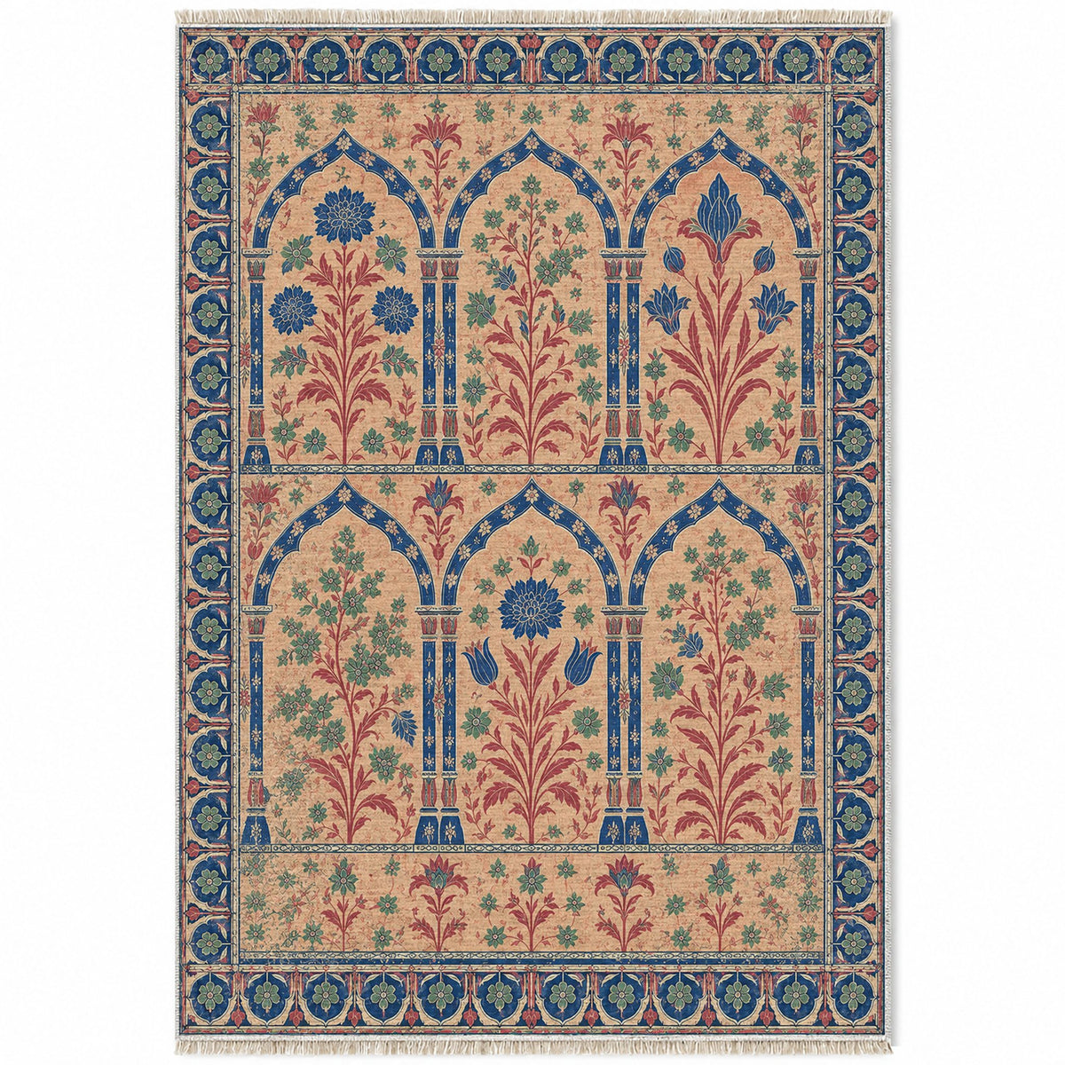 Pavilion Windows Peach, Cobalt & Jade washable rug top view