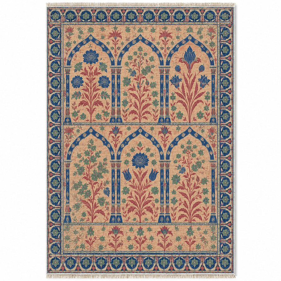 Pavilion Windows Peach, Cobalt & Jade Distressed Washable Rug