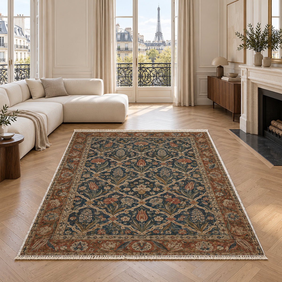 Pearl Door Indigo & Rust washable rug in a living room with an Eiffel Tower view