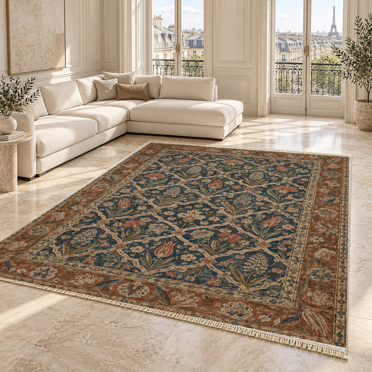 Pearl Door Indigo & Rust washable rug angled room view on marble