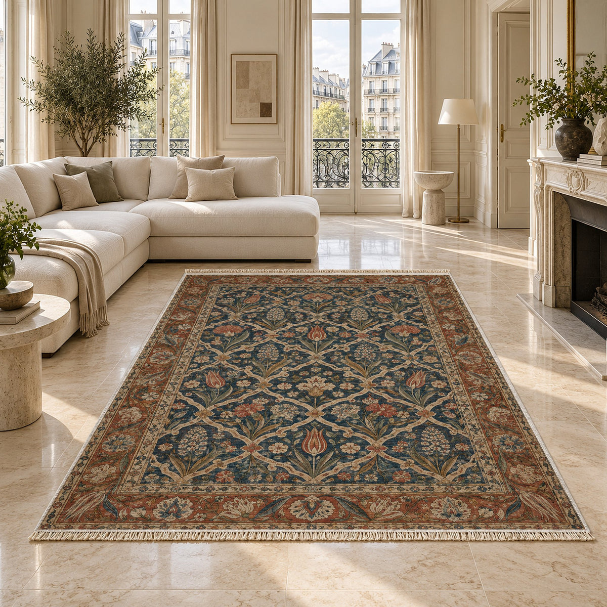 Pearl Door Indigo & Rust washable rug on a marble floor