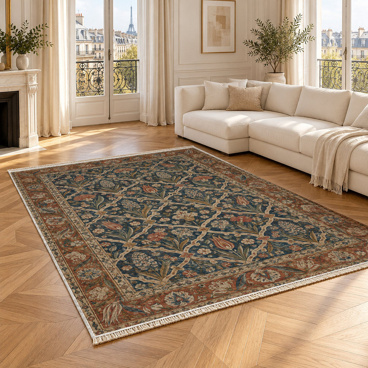 Pearl Door Indigo & Rust washable rug angled room view