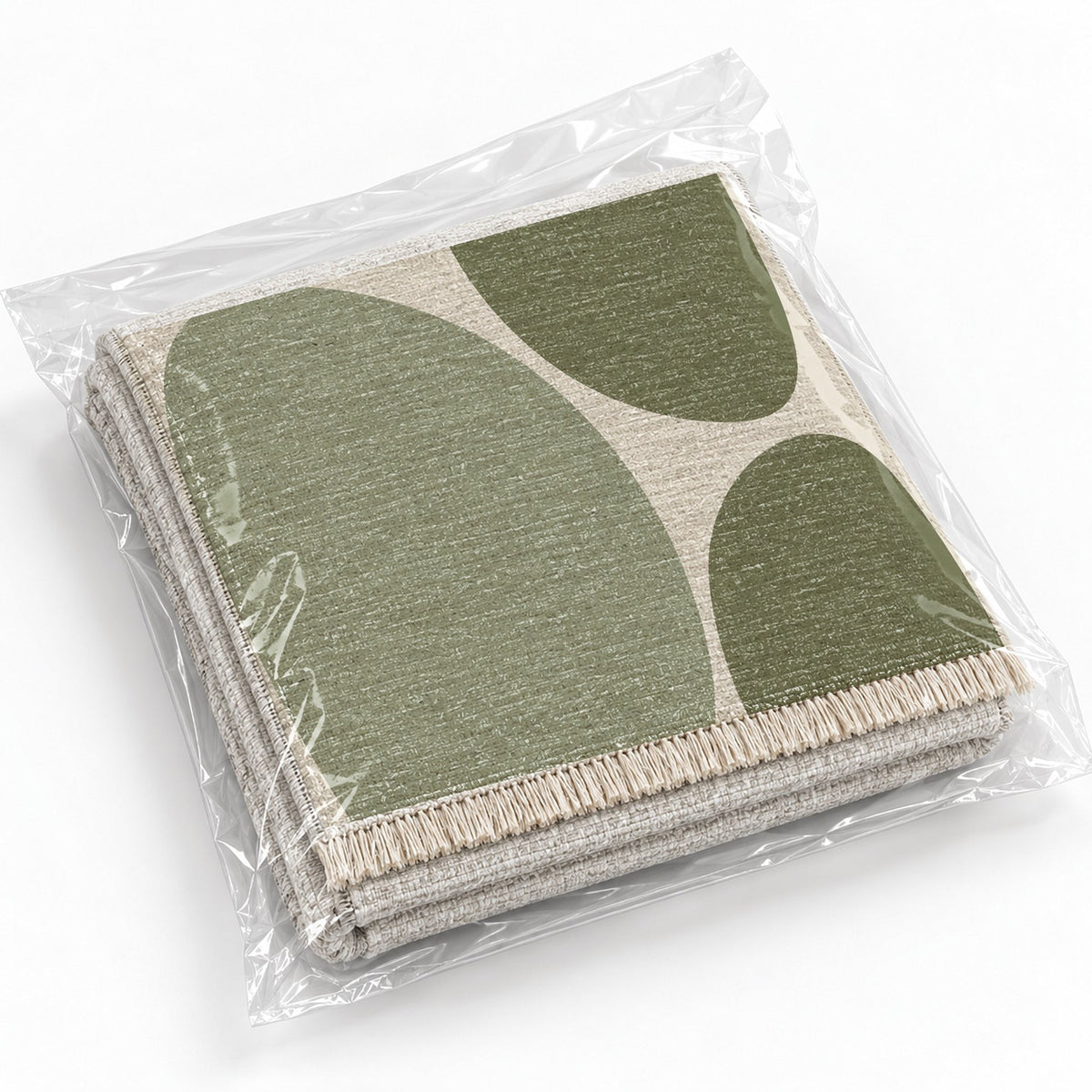 Pebble Forms Ivory & Sage washable rug rolled and packaged