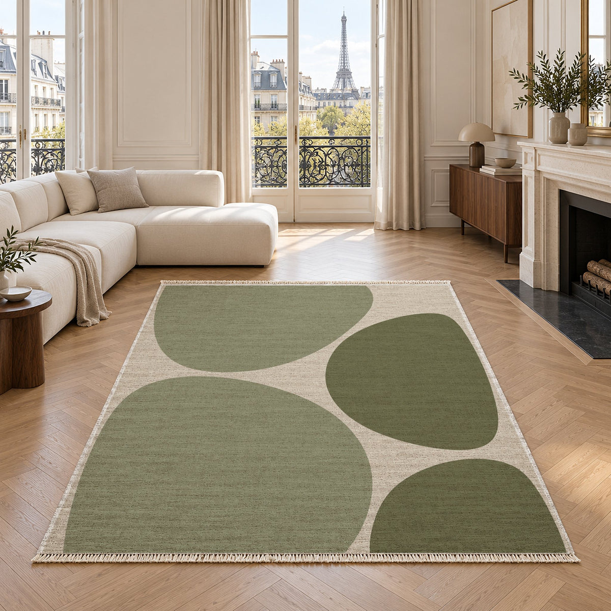 Pebble Forms Ivory & Sage washable rug in a living room with an Eiffel Tower view