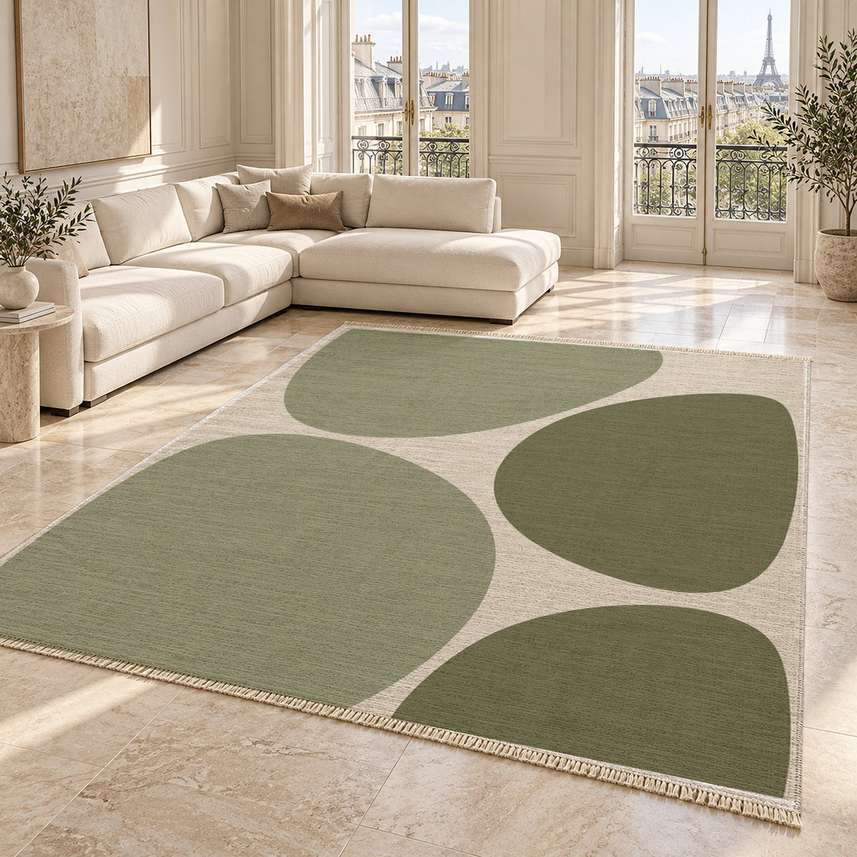 Pebble Forms Ivory & Sage washable rug angled room view on marble