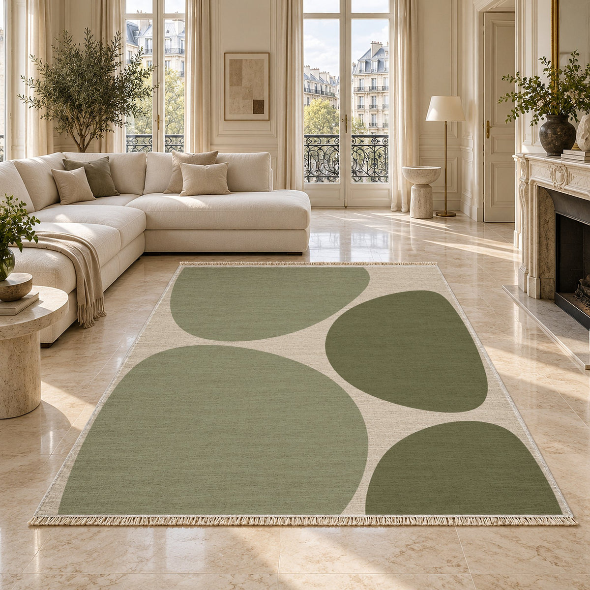 Pebble Forms Ivory & Sage washable rug on a marble floor