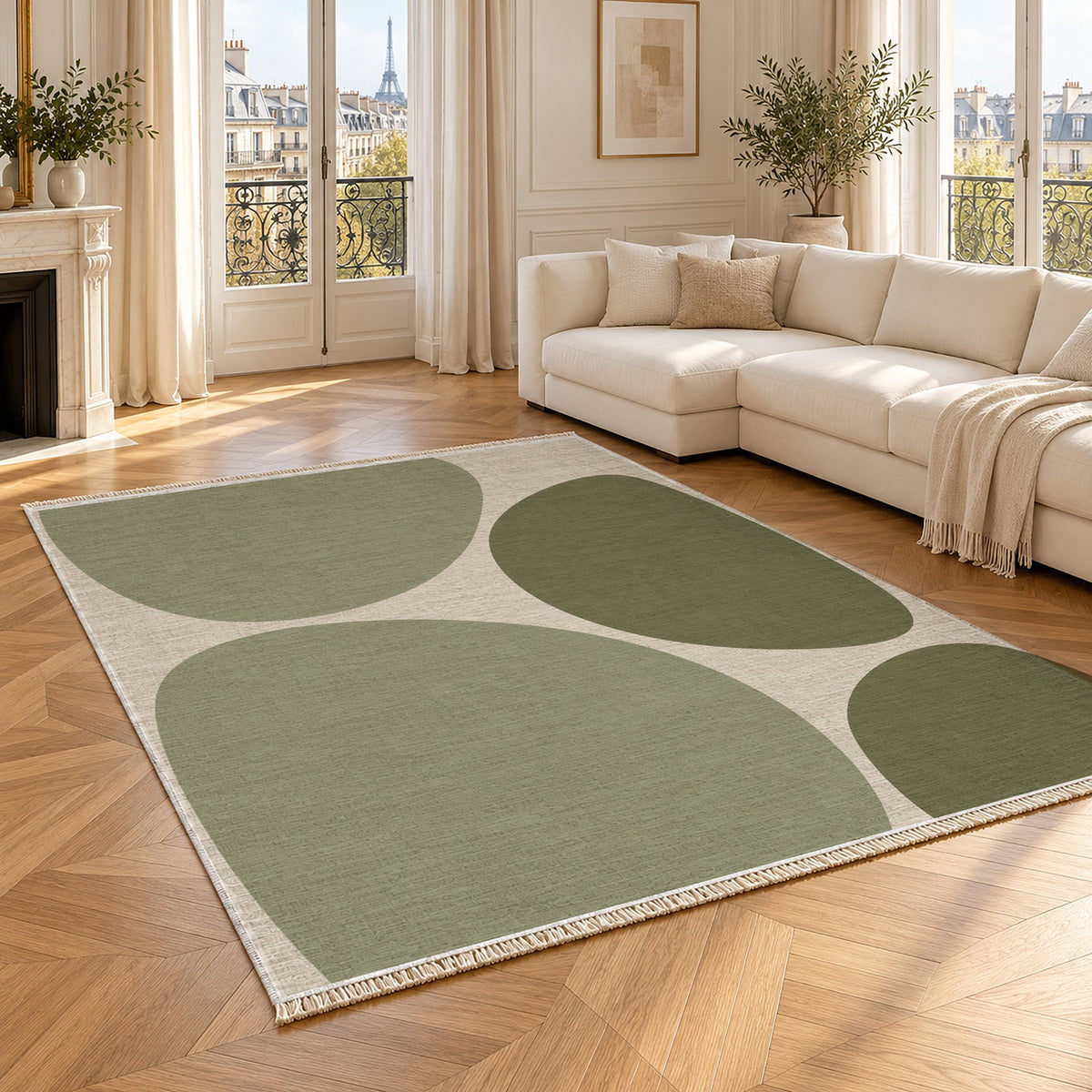 Pebble Forms Ivory & Sage washable rug angled room view