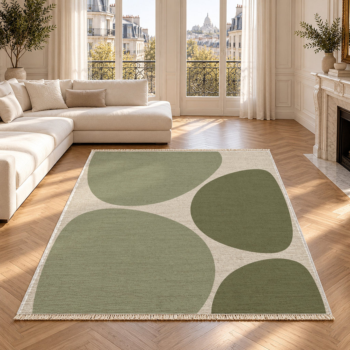 Pebble Forms Ivory & Sage washable rug in a Paris living room